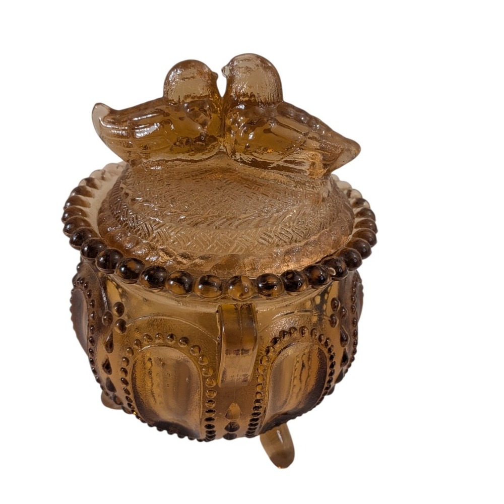 Westmoreland Amber Glass Love Birds in a Nest Lidded Trinket Dish Footed Beaded